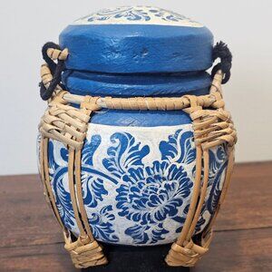 Handcrafted Blue Ceramic Pot with Woven Bamboo Accent